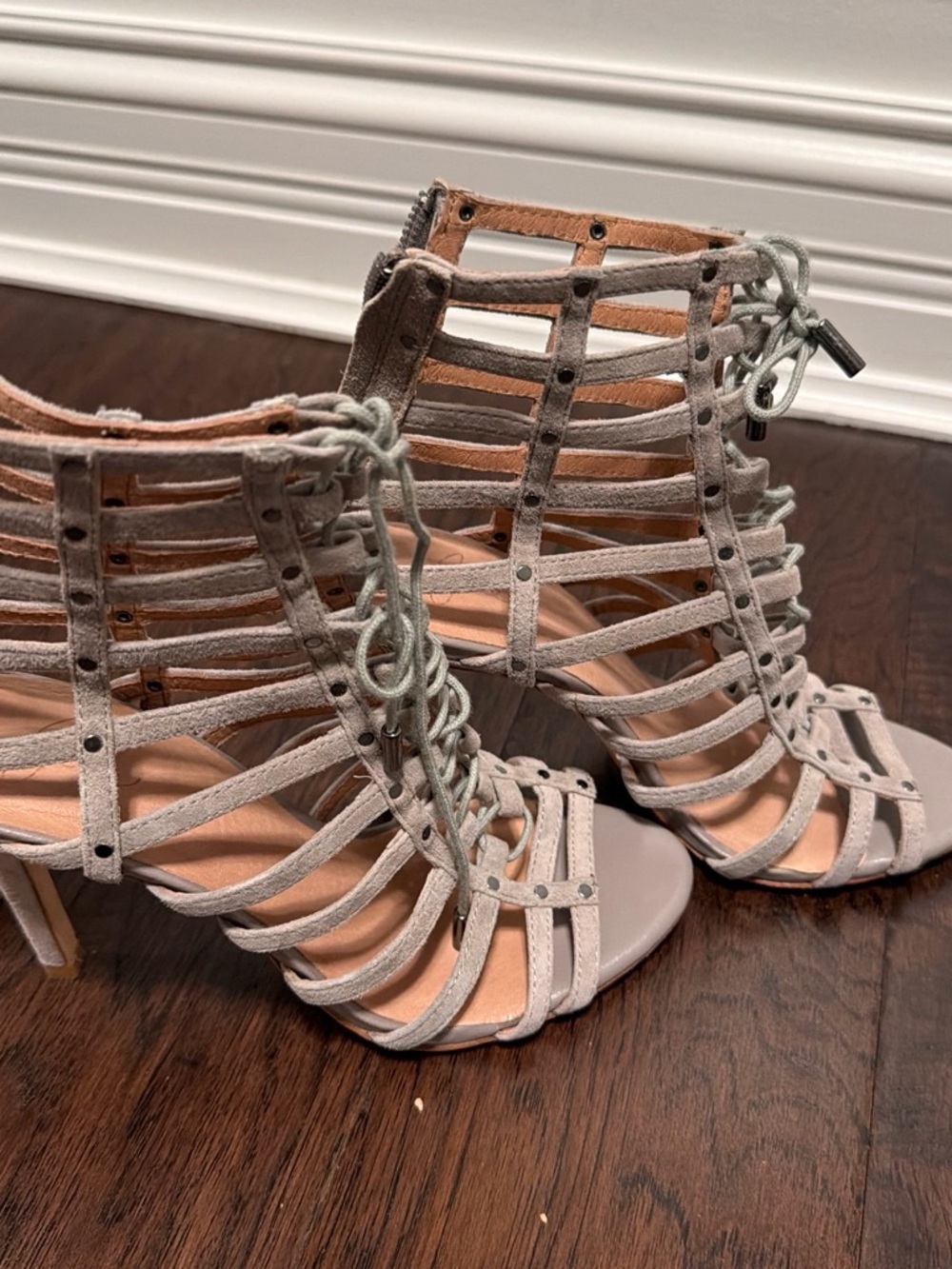 Joie Light Gray Strappy Lace-Up Cage Heels